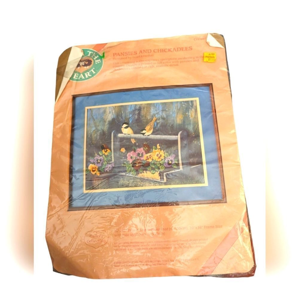Vintage Crewel 1985 Pansies‎ and Chickadees crossstitch kit